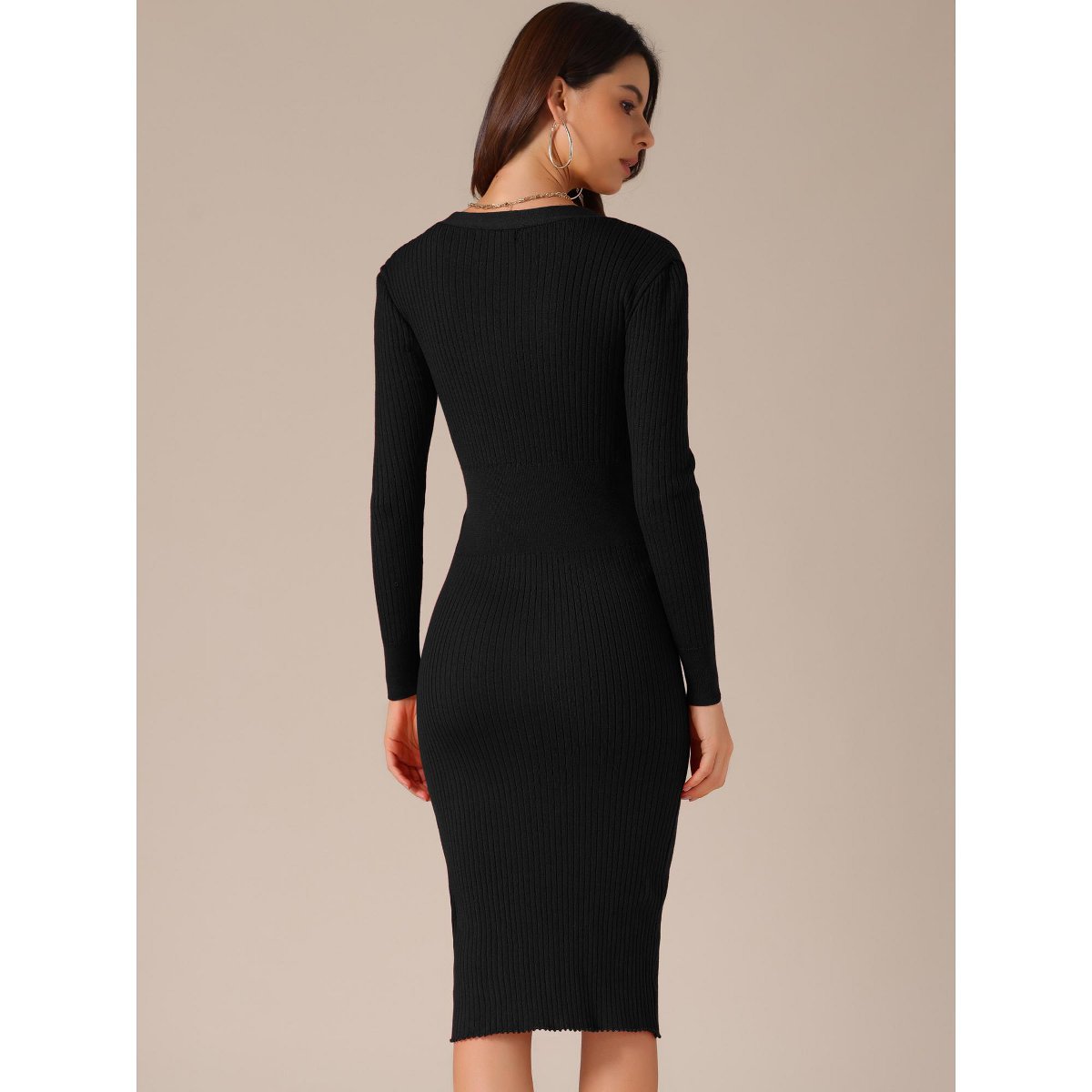 Женские платья INSPIRE CHIC Women's Knitted V Neck Solid Color Long Sleeve Button Fitted Sweater Dresses X-Small Black — фото 4