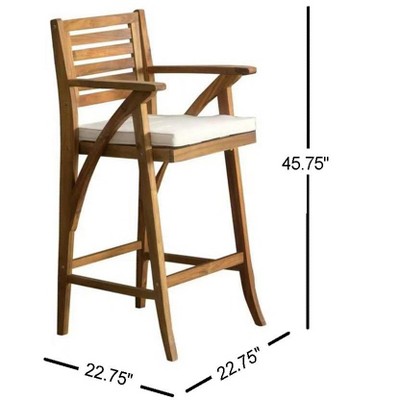 Teak Finish Acacia Wood Outdoor Barstools with Cushions, Set of 2