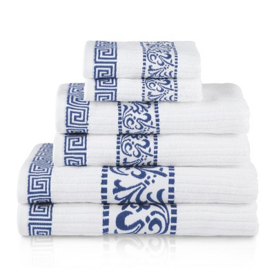 Cotton 6 Piece Bath Towel Set, Plush and Quick Drying, Classic Ionic Jacquard Border and Embroidered Trim by Blue Nile Mills