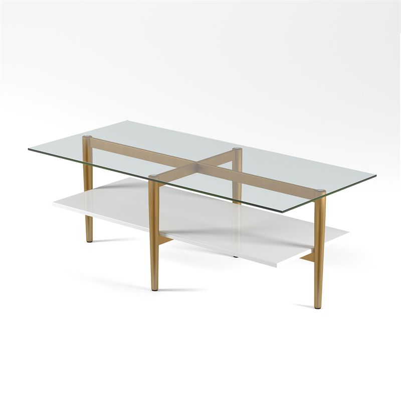 Mid-Century Brass Metal Rectangle Coffee Table and White Lacquer Shelf - Henn&Hart, 3 of 10