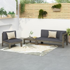 GDFStudio Elowen Outdoor Acacia Wood and Water Repellent Fabric X-Back 3-Piece Right Arm Converstaion Sets - 1 of 4