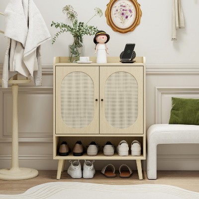 TIRAMISUBEST Modern Shoe Cabinet - 2-Door Rattan, Adjustable Shelves (Space-Saving)