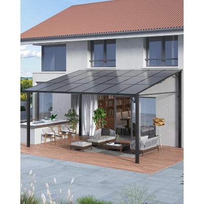 10' x 12' Lean to Gazebo, Hardtop Wall Pergola with Polycarbonate Roof, Aluminum Frame Mounted Gazebo for Lawn Patio Deck Yard and Party