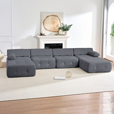 Mjkone U-Shaped Velvet Modular Sectional Sofa With free Combination Ottoman,Convertible 4-Seater Sofa with Rivet Trim