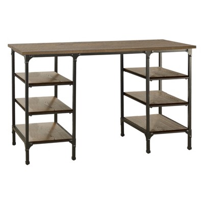 Vynxaria 6-Shelf Counter Height Writing Desk Natural Rustic Black Metal Modern Traditional Aesthetic for Home Office Study