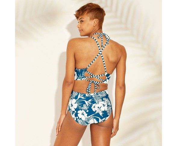 Women's Strappy Back Cut Out Monokini One Piece Swimsuit - Sunn Lab Swim Blue Floral XS