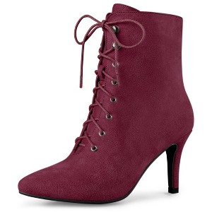 Allegra K Women's Pointy Toe Zip Lace Up Stiletto Heel Ankle Boots - 1 of 4