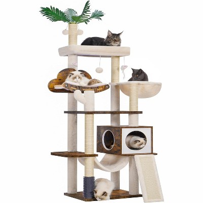 Hebly Wood Cat Tree for Indoor Cats, Cat Condo for Large Cats with Self Groomer
