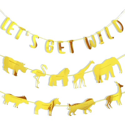 Sparkle and Bash Set of 2 Gold Foil "Let's Get Wild" & Jungle Safari Animal Banner String Garland, 11 Feet