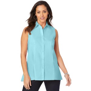 Jessica London Women's Plus Size Stretch Cotton Poplin Sleeveless Shirt - 1 of 4
