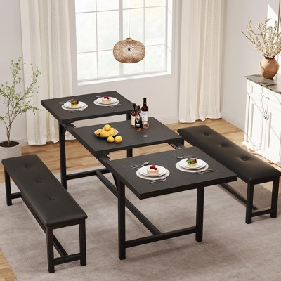 Dining Table Set for 4-6, 63" Dining Table Set, Extendable Kitchen Table with 2 Upholstered Benches