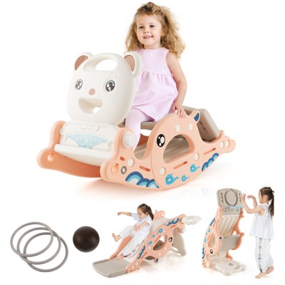Safstar 4-in-1 Kids Slide Rocking Toy Slide Rocking Horse w/Basketball Hoop Rings Pink