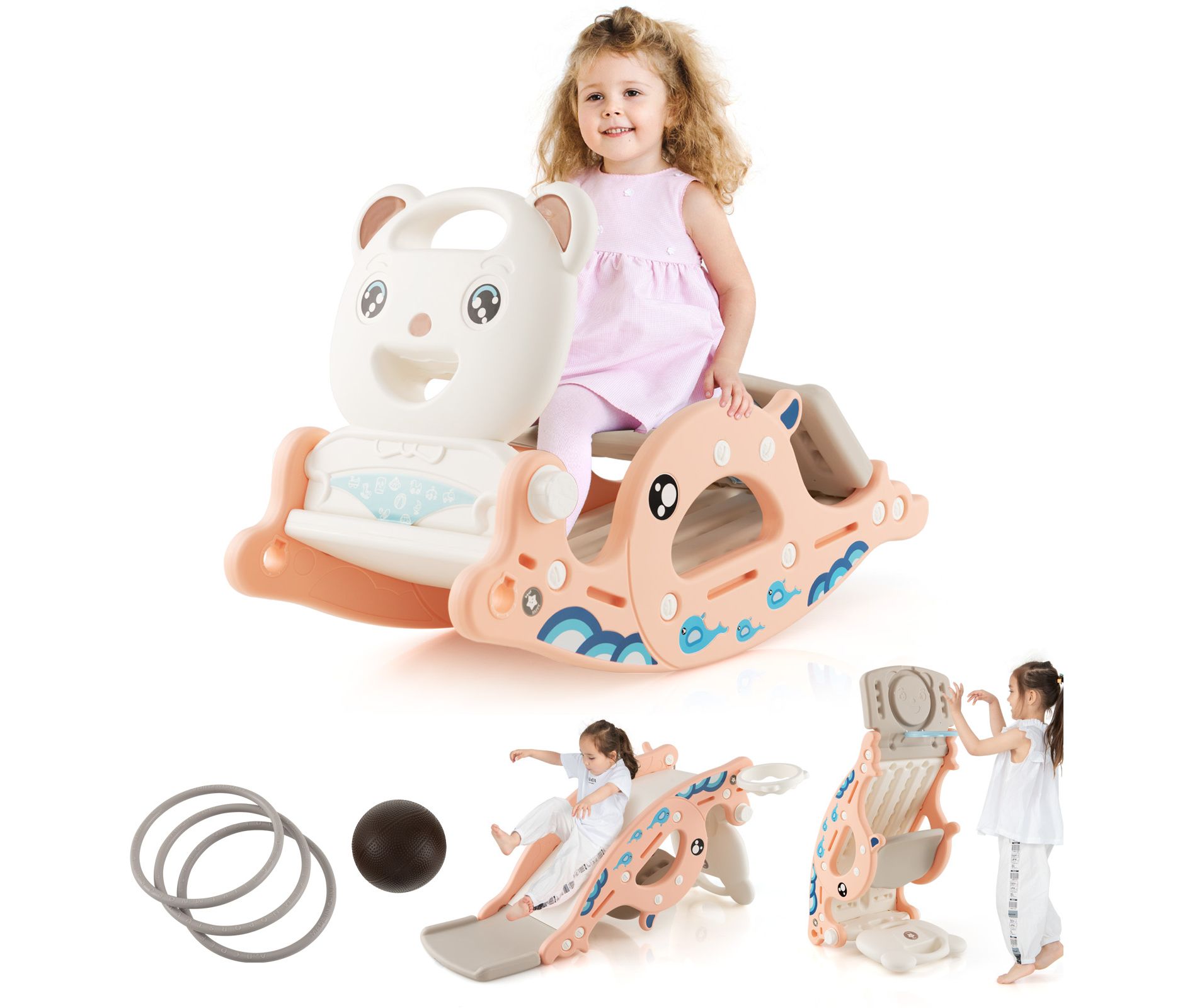Safstar 4-in-1 Kids Slide Rocking Toy Slide Rocking Horse w/Basketball Hoop Rings Pink