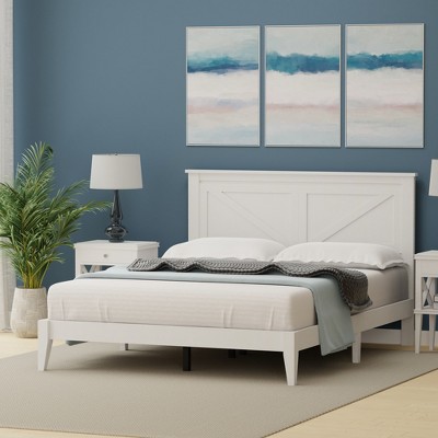 Gloss White Queen Size Solid Oak Wood Platform Bed with Headboard