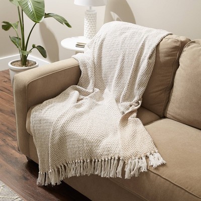 Stone Beige Cotton Woven Throw Blanket with Fringe