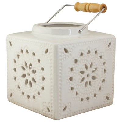 Northlight 6.75" White Crackle Finish Square Mosaic Cut Out Candle Lantern