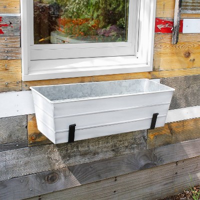 Medium White Galvanized Steel Flower Box with Wall Brackets