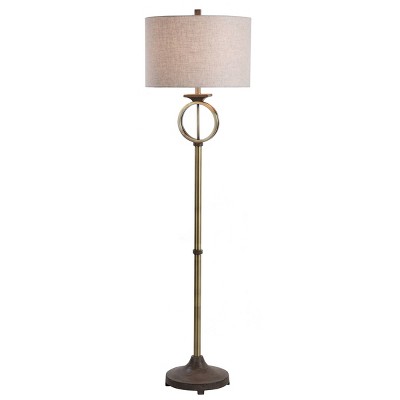 65" White Linen and Brass Floor Lamp with Wood Accents