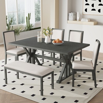 6-Piece Classical Dining Table Set with Trestle Legs, 4 Upholstered Dining Chairs and 1 Bench 4S - ModernLuxe