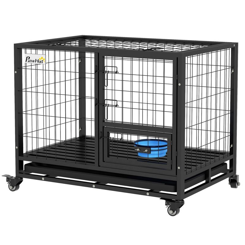 PawHut Heavy Duty Dog Crate, Strong Steel Dog Crate w/ Bowl Holder, Wheels, Detachable Top Removable & Tray for Dogs, Black, 4 of 7