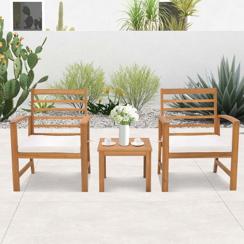 Costway 3 PCS Outdoor Furniture Set Acacia Wood Conversation Set with Soft Seat Cushions White/Grey/Navy, 5 of 11