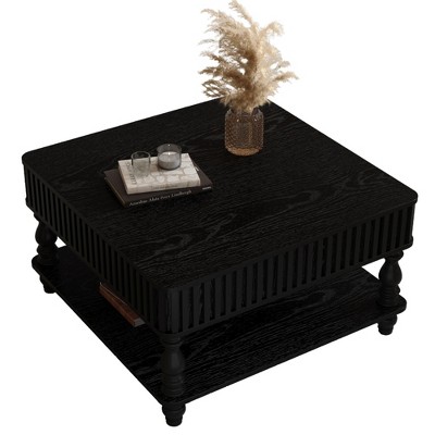 Gulches Black Square Wood Indoor Coffee Table 31x31x18 Inch Retro Lift-Top Hydraulic Storage Open Shelf