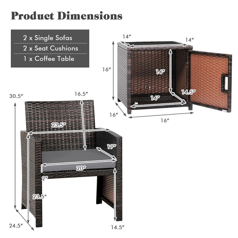 Costway 3PCS Patio Wicker Furniture Set Storage Table W/Protect Cover Cushioned, 4 of 11