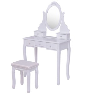 Tangkula Mirror Vanity Table Unit Makeup Set Wood Makeup Dressing Table Set White - 1 of 4