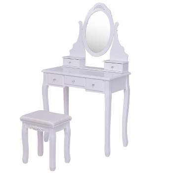 Tangkula Mirror Vanity Table Unit Makeup Set Wood Makeup Dressing Table Set White