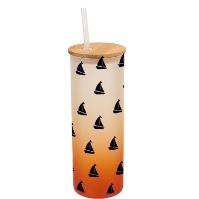 Elanze Designs Nautical Sailboat Ocean Sea Life Wrap-Around Design 25 Ounce Frosted Gradient Glass On-The-Go Coffee Travel Skinny Tumbler Mug Cup,