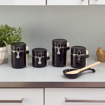 Home Basics 4 Piece Canister Set High Gloss Black Ceramic Kitchen Storage with Wooden Spoons. — фото 6