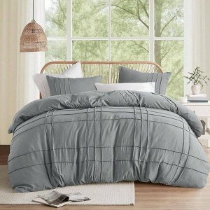Blue/Grey Queen Duvet Cover Set - Set of 3 Pintuck Pleated, Lightweight, Soft Microfiber Bedding with Shams - 1 of 4