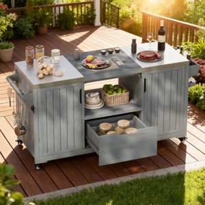 BAOURE 66.5" Outdoor Kitchen Island for Grills, Solid Wood Grill Cart with Stainless Steel Top - Grey Blue - 1 of 4