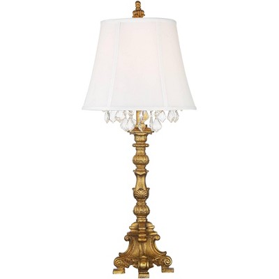 Barnes and Ivy Traditional French Table Lamp Gold Candlestick Crystal White Fabric Bell Shade Living Room Bedroom House Bedside