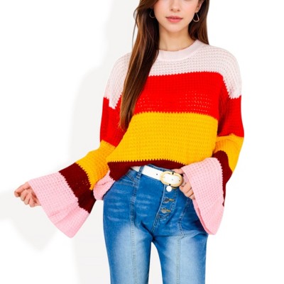 Anna-Kaci Women's Striped Knit Sweater with Bell Sleeves and Colorful Details