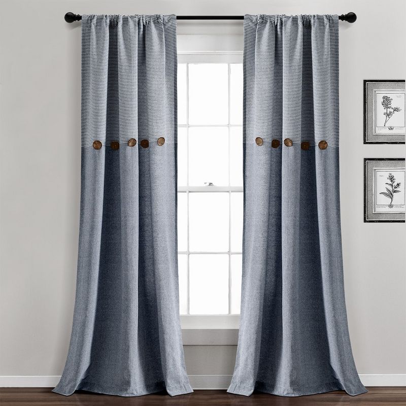 Home Boutique Farmhouse Button Stripe Yarn Dyed Woven Cotton Window Curtain Panels Navy 40X84 Set, 1 of 2