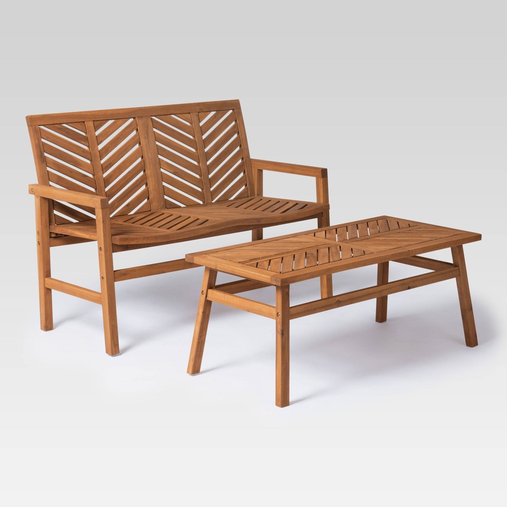 Photos - Garden Furniture 2pc Slatted Chevron Acacia Wood Patio Chat Set - Brown - Saracina Home