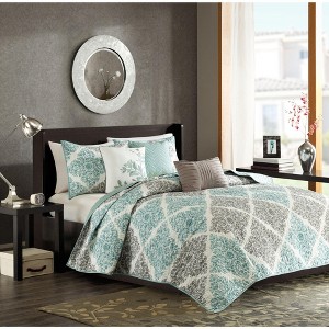 Sapphtopaz Bedding Quilt Set Tradition Style Comforter Set Small Leaf Print Cotton Quilt Set 6 Piece with Throw Pillows - 1 of 4