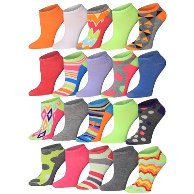 Tipi Toe Women's 20 Pairs Colorful Vibrant Colored Solid Striped Dotted Patterned Low Cut/No Show Socks