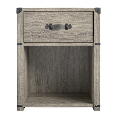 Max & Finn Nova 1 Drawer Storage Nightstand with Leather Drawer Pull, Gray Oak