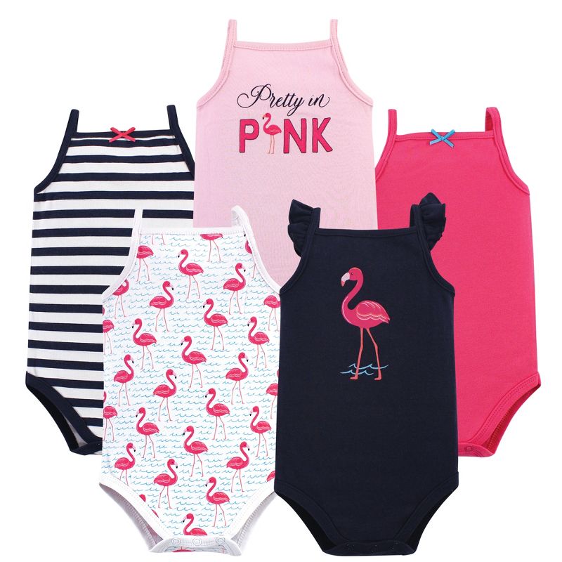 Hudson Baby Infant Girl Cotton Sleeveless Bodysuits 5pk, Bright Flamingo, 1 of 8