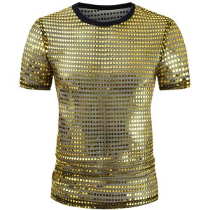 INSPIRE CHIC Men's Crew Neck Short Sleeve Party Metallic Sheer Glitter Sequin T-Shirt - 1 of 4