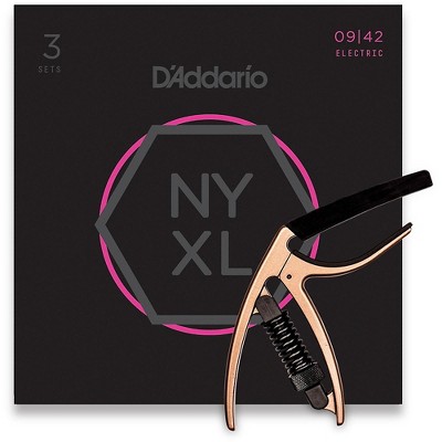 D'Addario NYXL0942 Super-Light 3-Pack Electric Guitar Strings and NS Reflex Capo Antique Bronze