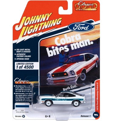 1978 Ford Mustang Cobra II White with Blue Stripes Classic Gold  Collection 2023 1/64 Diecast Model Car by Johnny Lightning