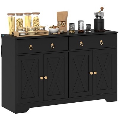 HOMCOM Sideboard Buffet Cabinet, Farmhouse Coffee Bar Cabinet with 2 Drawers and Barn Doors, Buffet Table with Adjustable Shelves