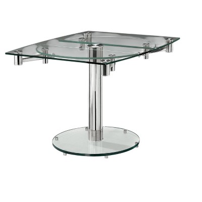 HomeRoots 40" Clear and Silver Glass and Metal Self-Storing Leaf Motion Extendable Dining Table