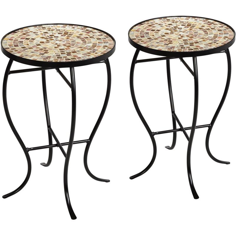 Teal Island Designs Modern Black Round Outdoor Accent Side Tables 14" Wide Set of 2 Natural Mosaic Tabletop for Front Porch Patio Home House, 1 of 8