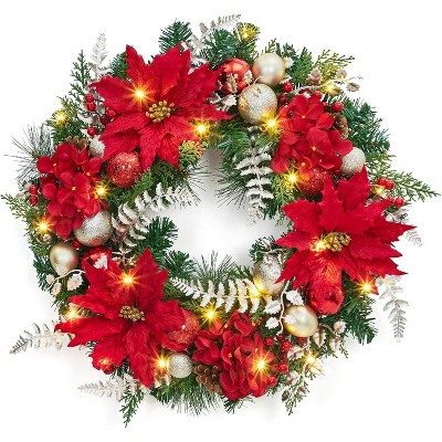 GAOMON Christmas Wreath with Lights, 24 Inch Pre-Lit Xmas Wreath with Christmas Decorations, Christmas Wreath