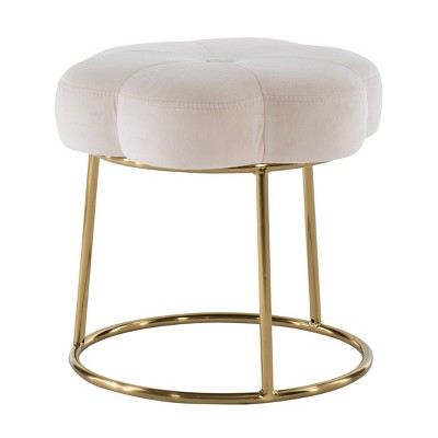Boho Luxe White Velvet Floral Vanity Stool with Gold Base