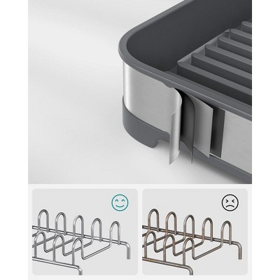 Compact Silver and Black Foldable Metal Dish Drying Rack with Utensil Cup